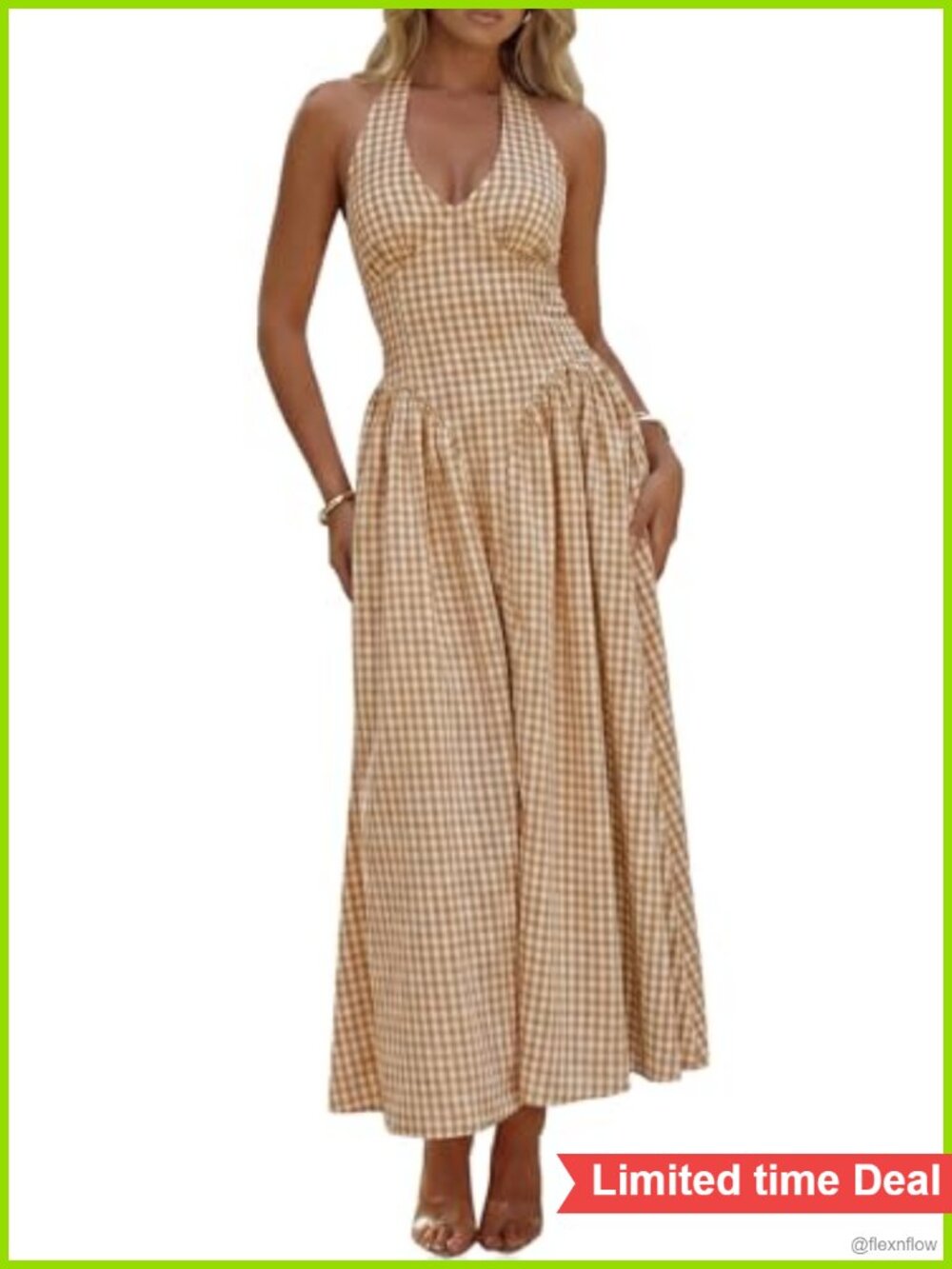 Plaid Halter V Neck Smocked Maxi Dress Sleeveless A-Line